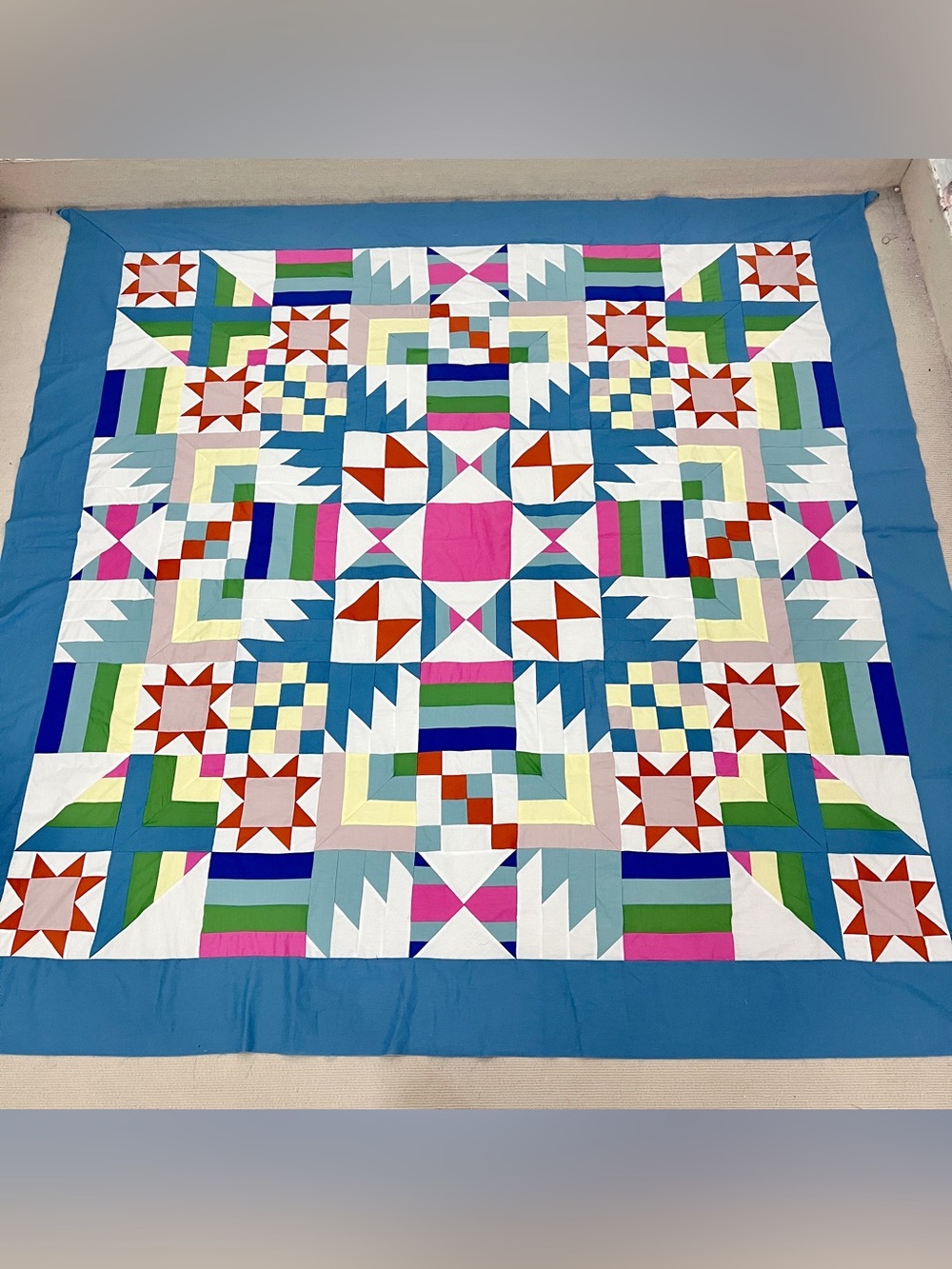 Handmade Barn Star Patchwork Cotton Quilt Top/Topper Machine pieced 86x86”